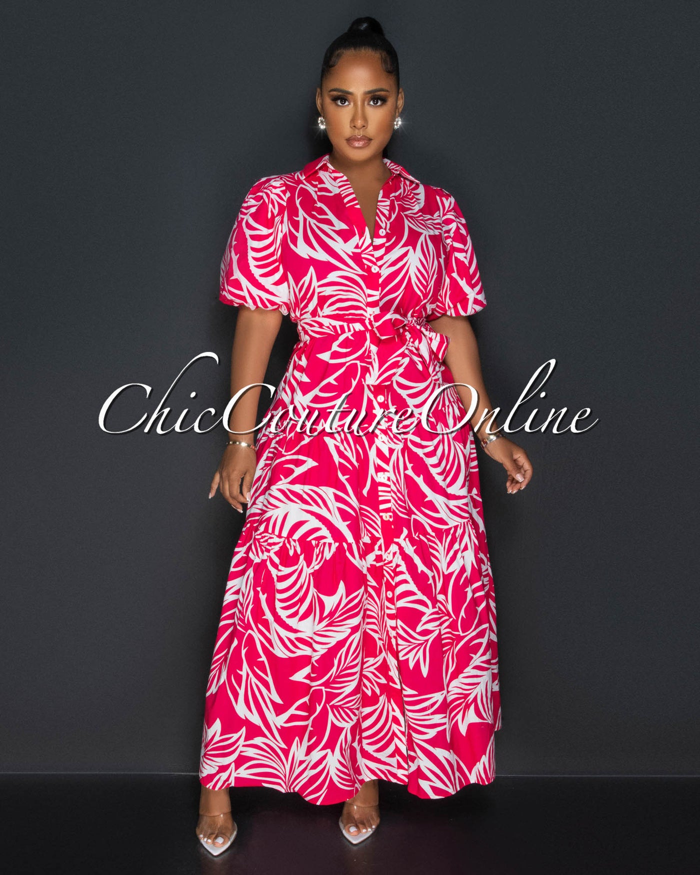 Duna Coral White Floral Print Maxi Dress