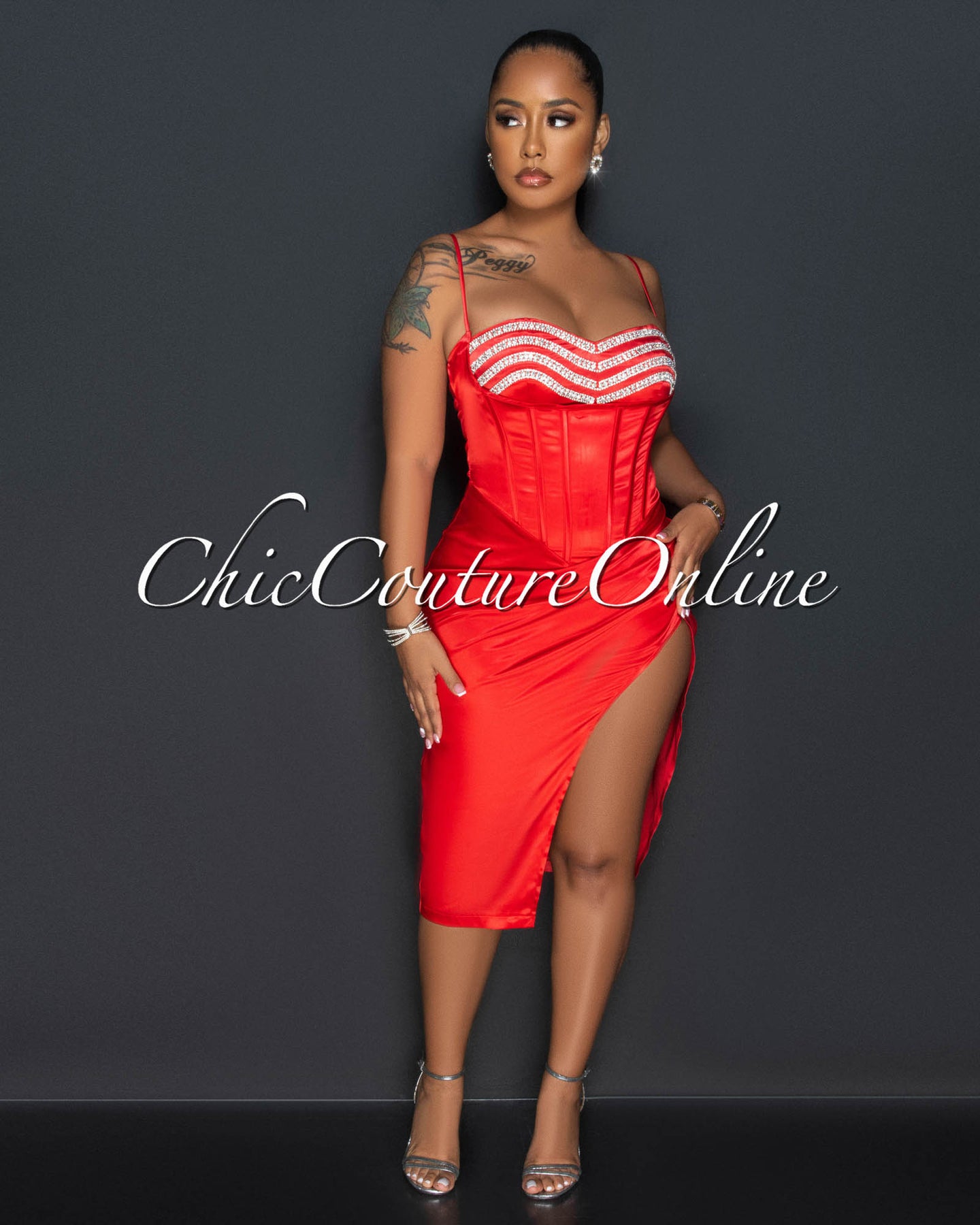 *Harrigan Red Rhinestones Bust Drape Silky Dress