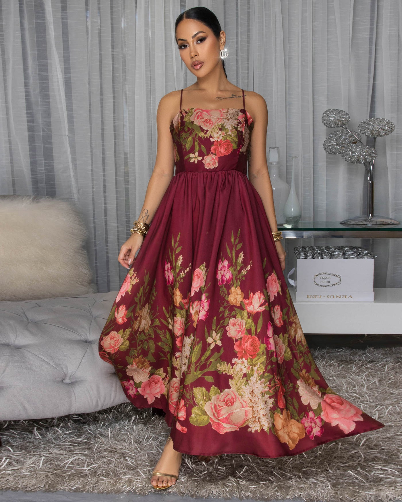 Morella Burgundy Floral Print Maxi Dress