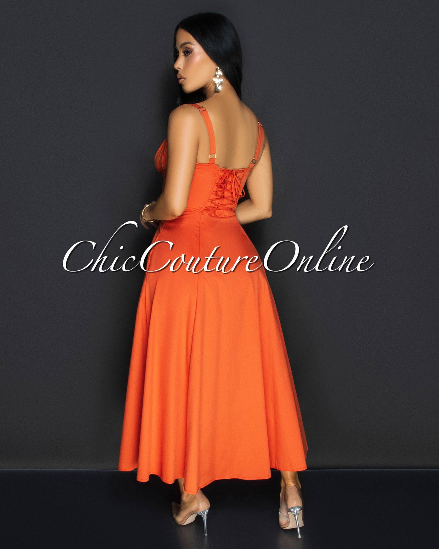 Luanne Orange Sweetheart Midi Dress