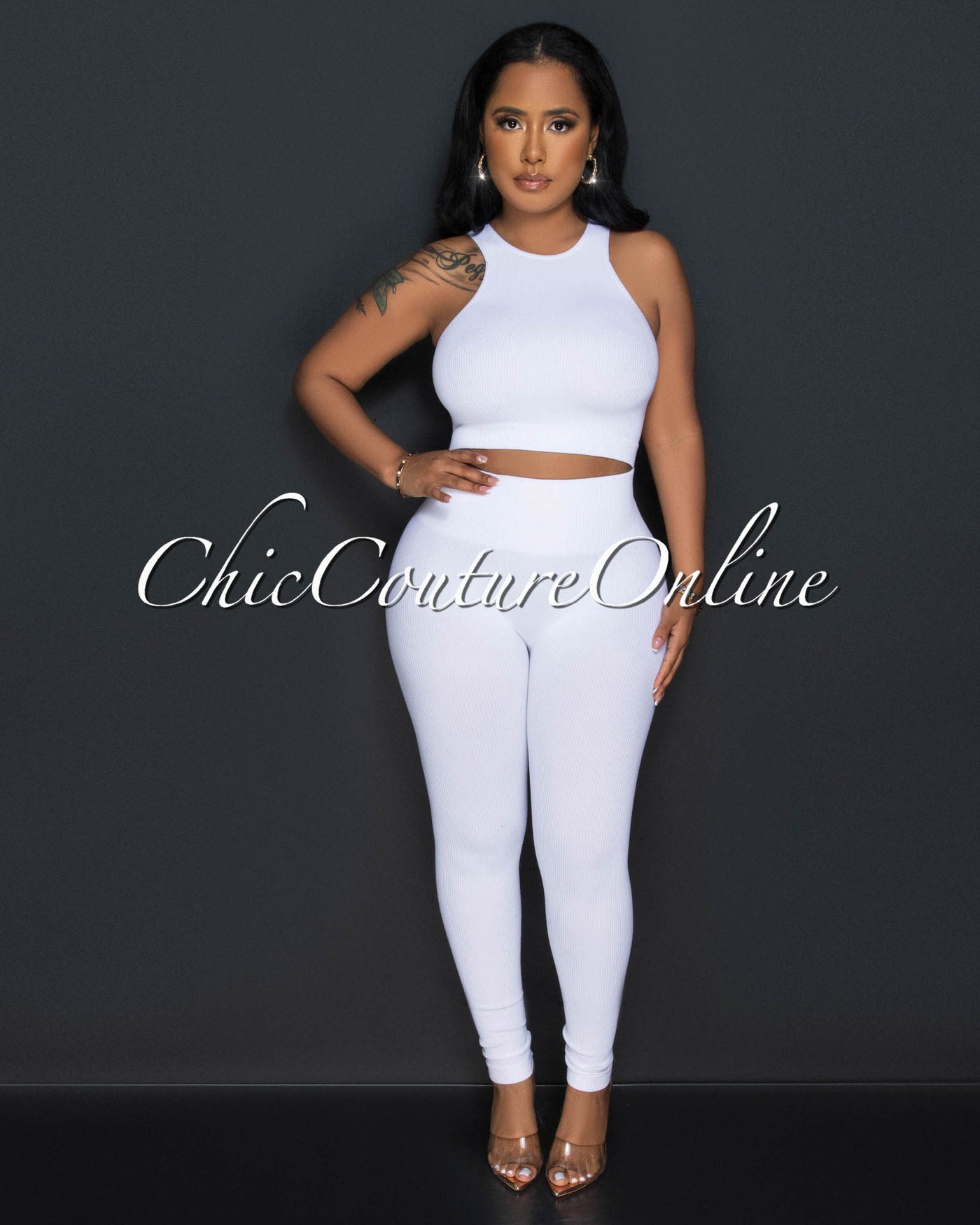 Cindy White Racer Crop Top & Leggings Sculpting Set