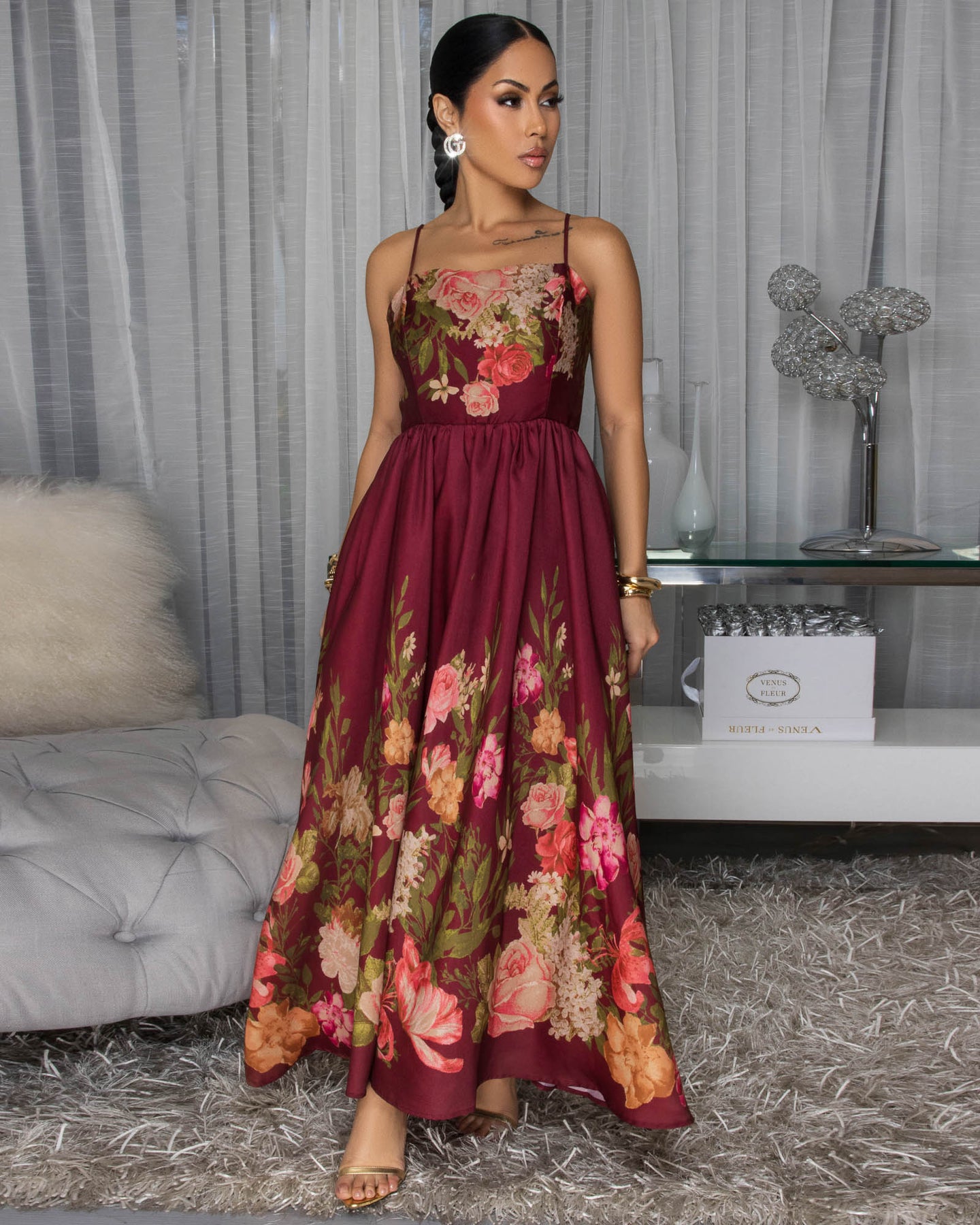 Morella Burgundy Floral Print Maxi Dress