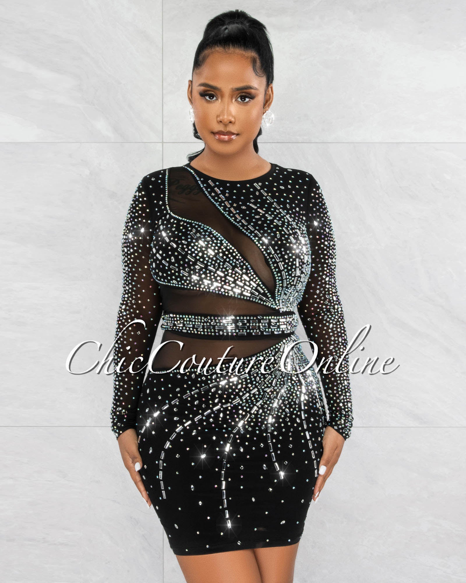 *Vaneza Black Mesh Rhinestones Midi Dress
