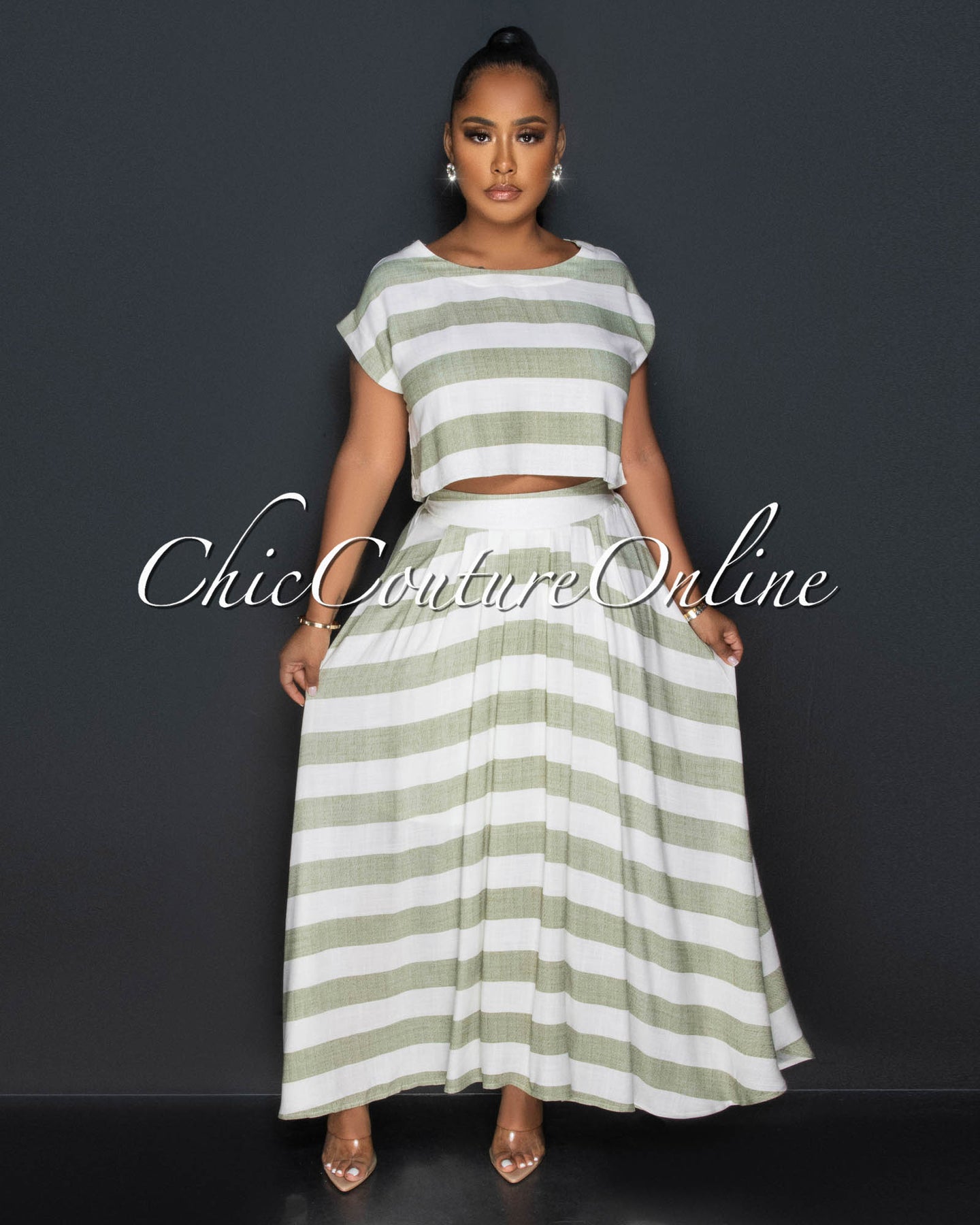 *Fern Green Stripes Crop Top & Maxi Skirt Set