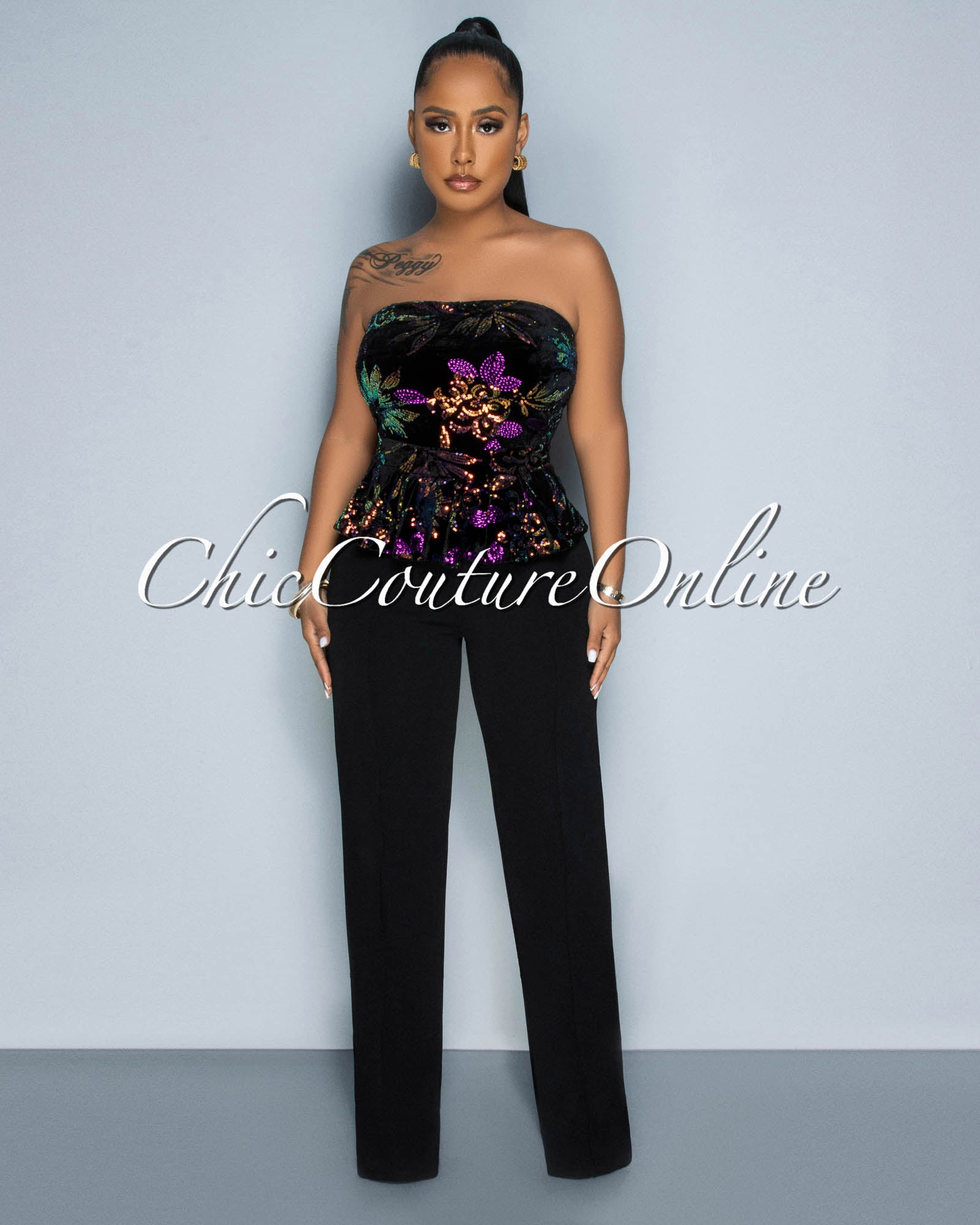 Liana Black Iridescent Sequins Velvet Top Peplum Jumpsuit