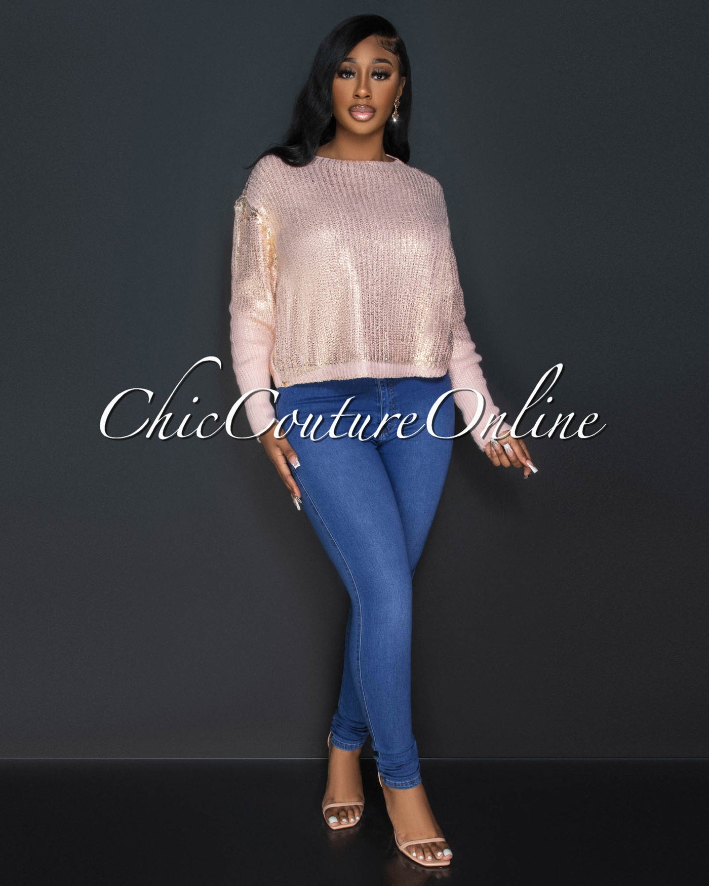*Angela Baby Pink Gold Foil Cable Knit Sweater