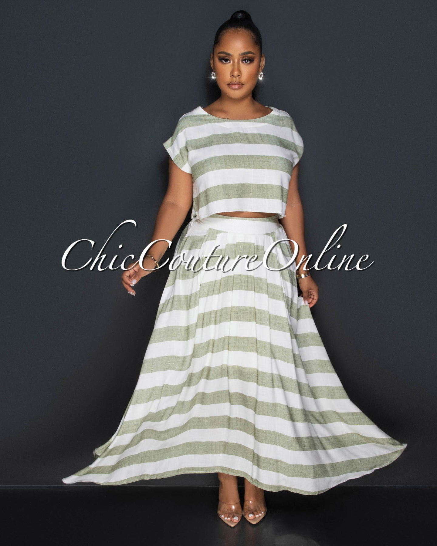 *Fern Green Stripes Crop Top & Maxi Skirt Set