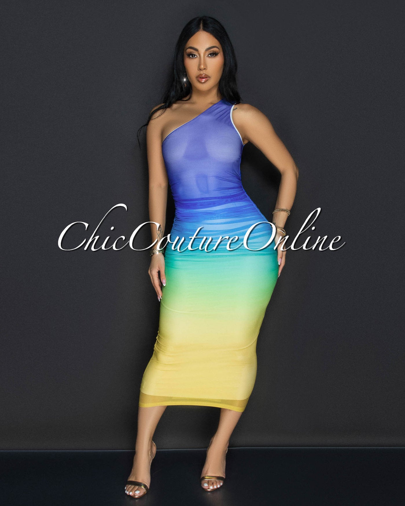 Luni Blue Multi Single Shoulder Mesh Ruched Dress