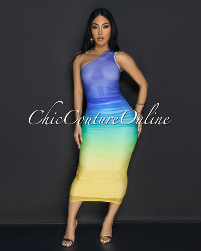 Luni Blue Multi Single Shoulder Mesh Ruched Dress