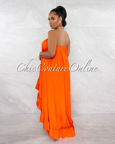 Lornie Orange Hi-Low Ruffle Hem Silky Maxi Dress