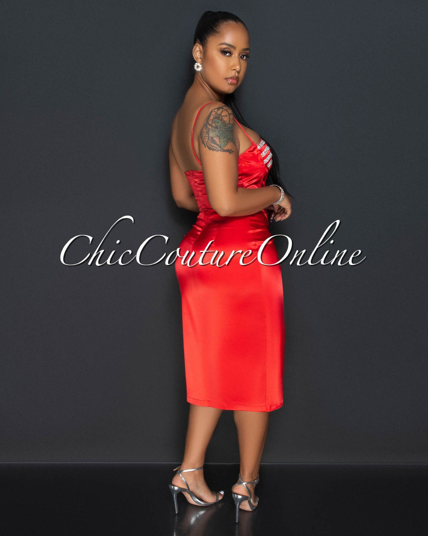 *Harrigan Red Rhinestones Bust Drape Silky Dress