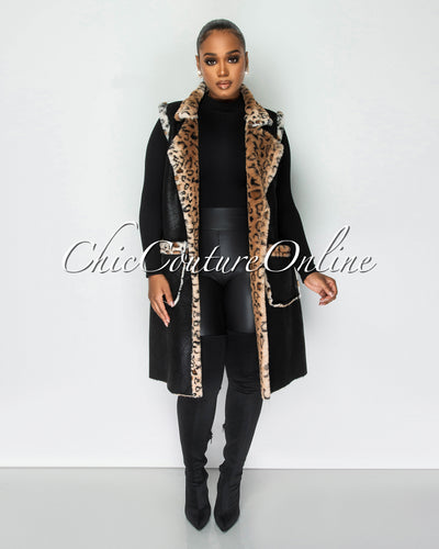 Natania Black Shimmer Leopard Faux Fur Lining Long Vest