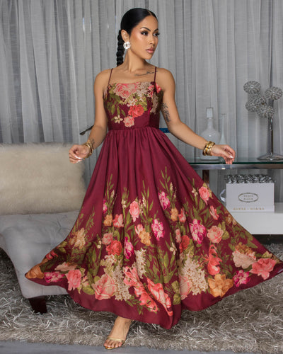 Morella Burgundy Floral Print Maxi Dress