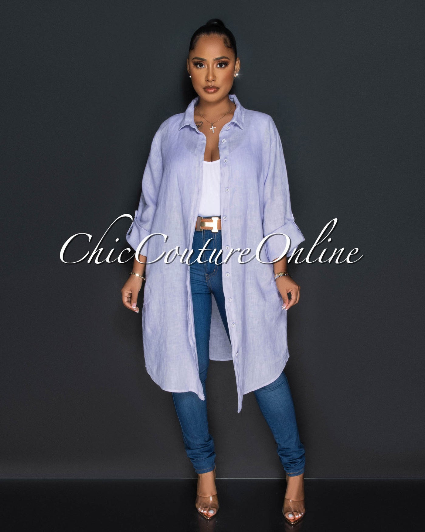 Cheyenne Lilac Front Buttons Shirt LINEN Midi Dress