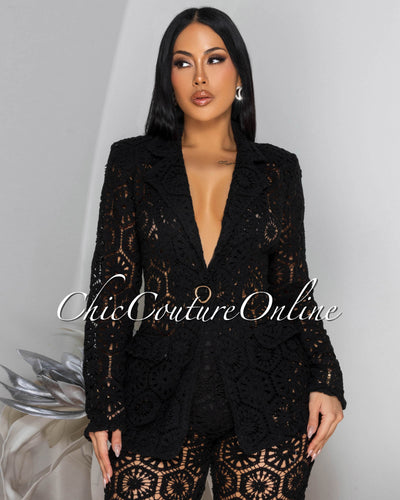 Kanis Black Crochet Blazer Pants Suit (SHIPS 2/8)