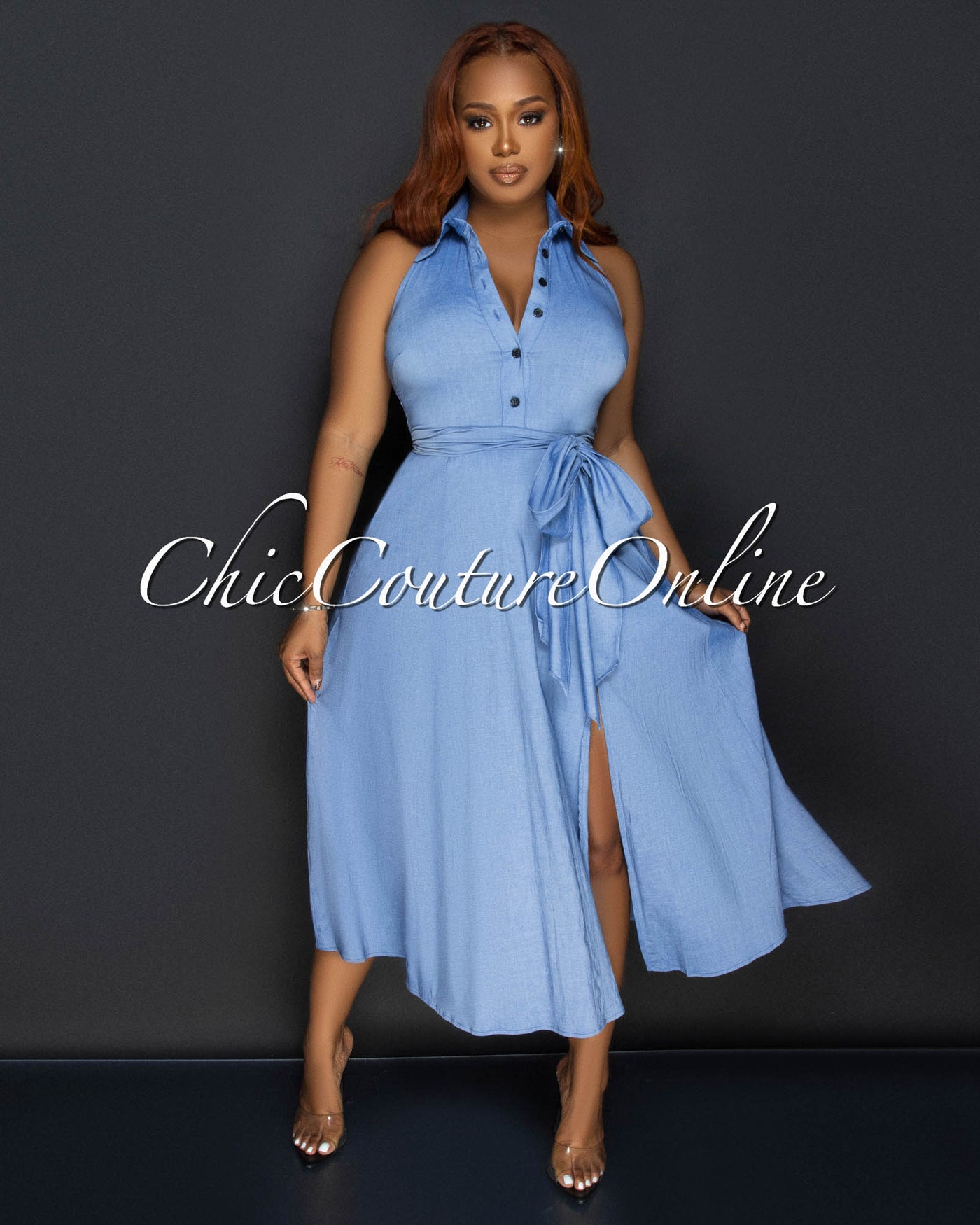 Louiza Blue Chambray Halter Midi Dress