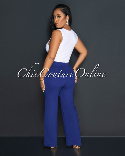 *Ronny Navy Blue Ribbed Gold Buttons Wide Pants