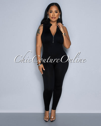 Lavia Black Front Zipper BodyCon Ribbed Jumpsuit
