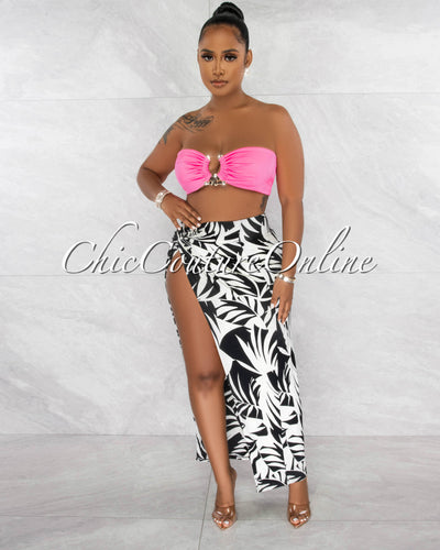 *Borina Hot Pink Gold Accent Top & Black & White Slit Skirt Set