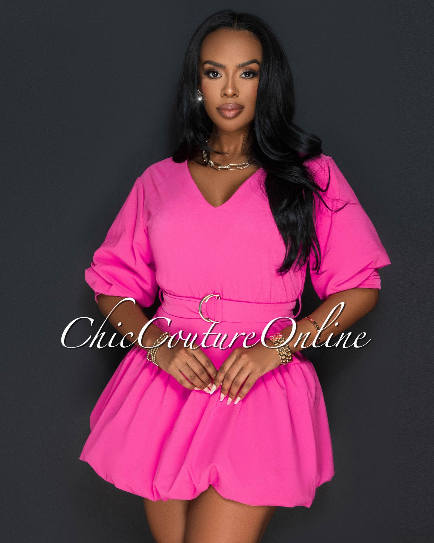 *Dessa Fuchsia Bubble Sleeves Dress