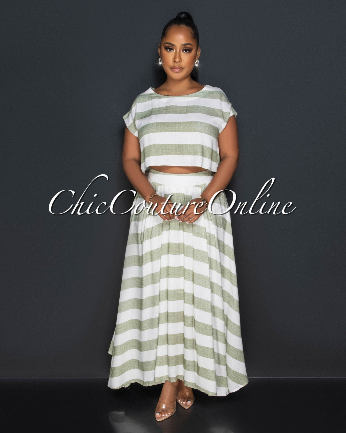 Fern Green Stripes Crop Top & Maxi Skirt Set