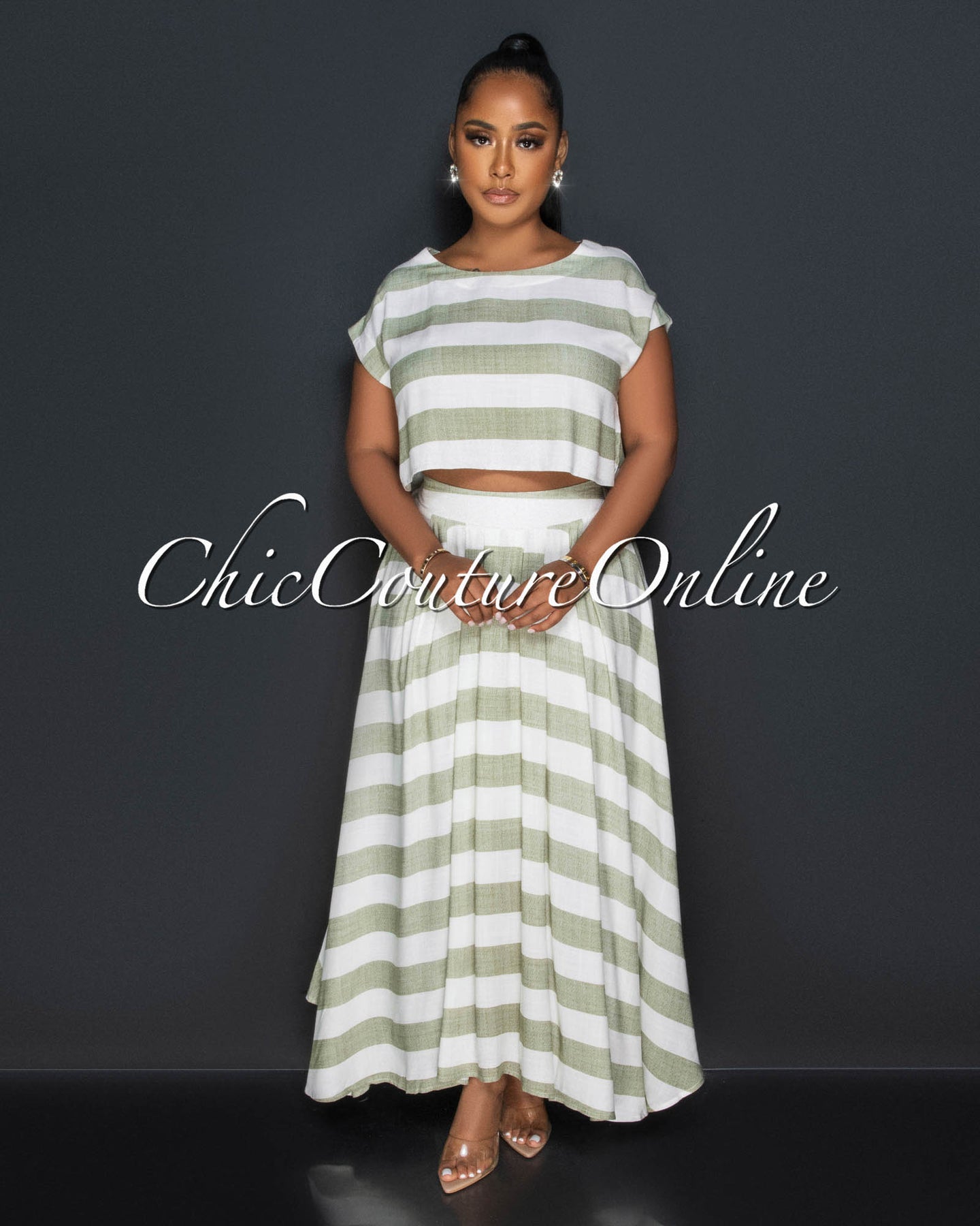*Fern Green Stripes Crop Top & Maxi Skirt Set