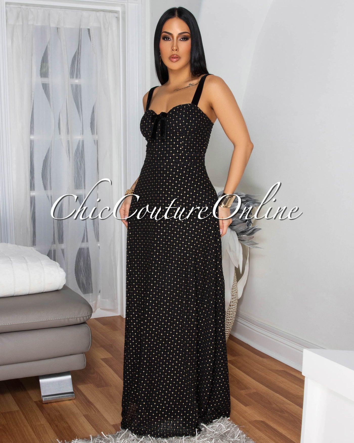 Martica Black Gold Polka Dots Maxi Dress