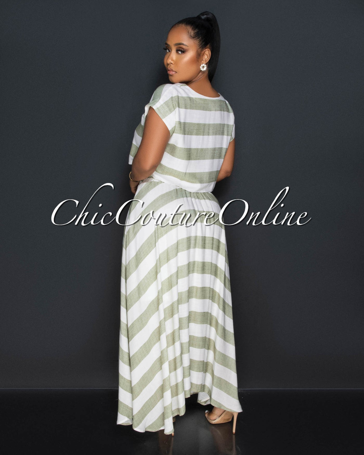 Fern Green Stripes Crop Top & Maxi Skirt Set