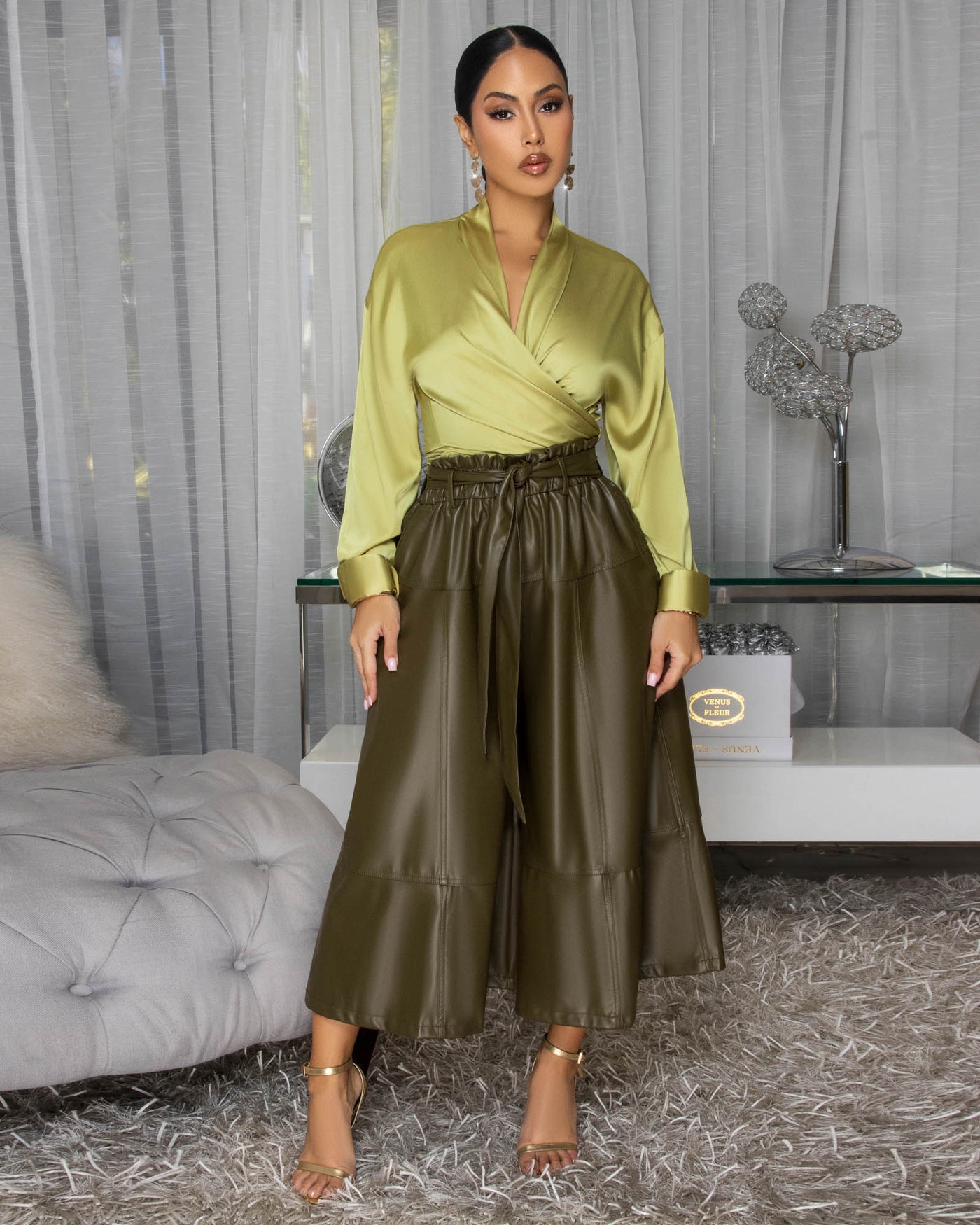 Prema Olive Green Faux Leather Paper Bag Shorts