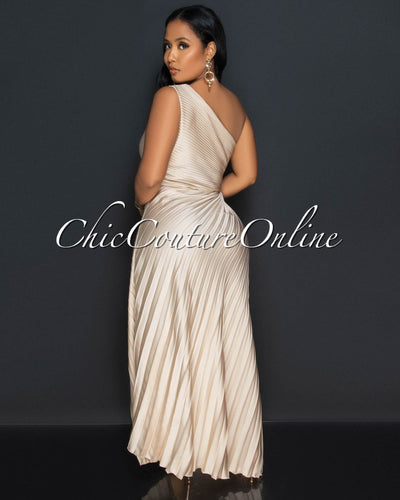 Genevieve Champagne Pleated Single Shoulder Silky Maxi Dress