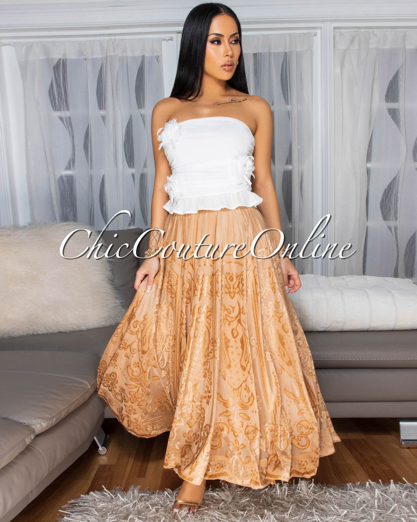 Countess Nude Lace A-Line Midi Skirt