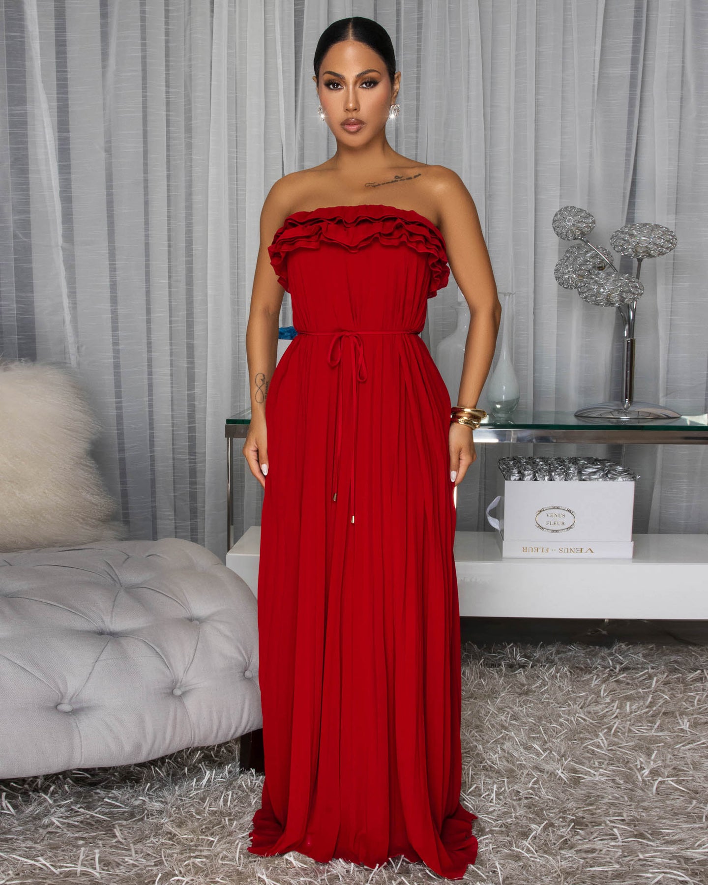 Sophonie Wine Red Pleated Strapless Maxi Dress
