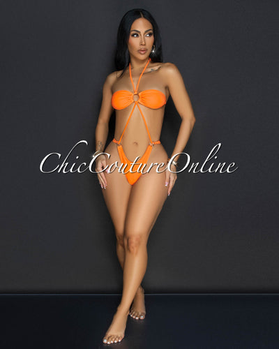 Soukena Orange One Piece Halter Swimsuit