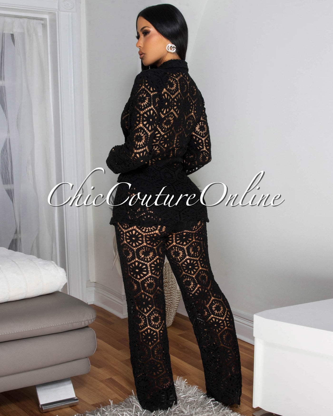 Kanis Black Crochet Blazer Pants Suit (SHIPS 2/8)