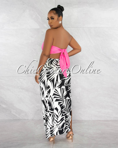 *Borina Hot Pink Gold Accent Top & Black & White Slit Skirt Set