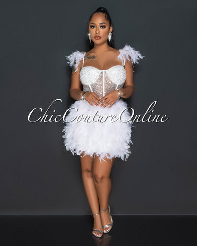 Sabel White Sequins Feathers & Rhinestones Dress