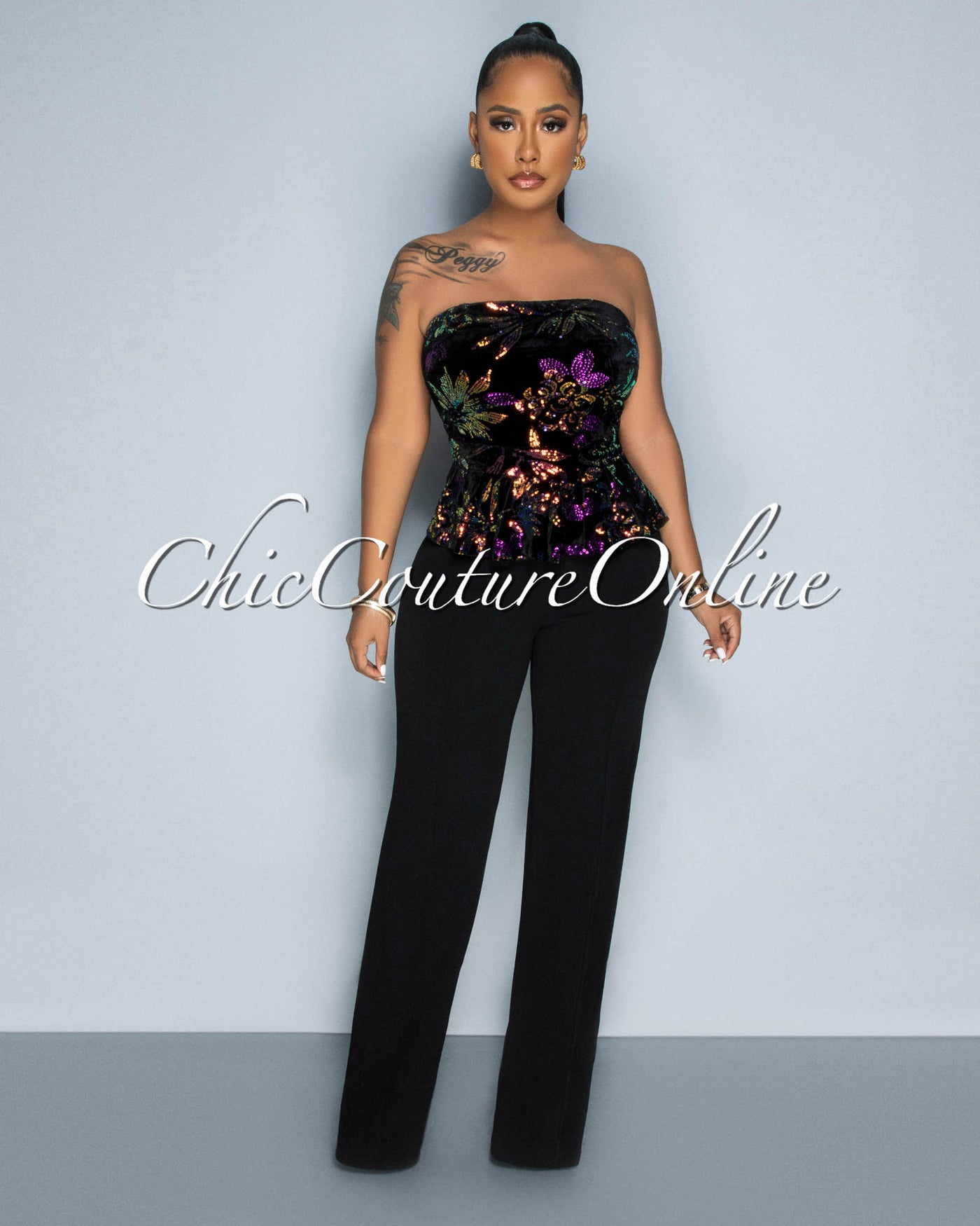 Liana Black Iridescent Sequins Velvet Top Peplum Jumpsuit