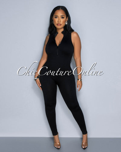 Lavia Black Front Zipper BodyCon Ribbed Jumpsuit