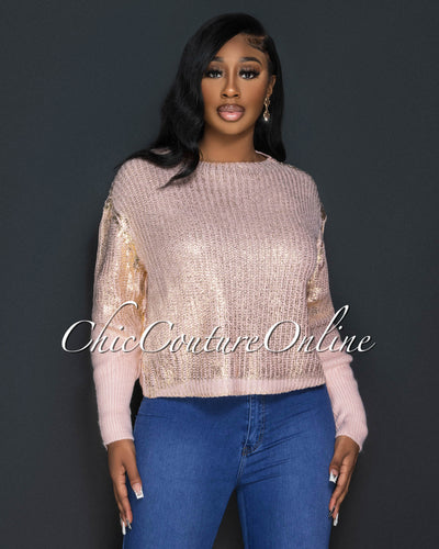 *Angela Baby Pink Gold Foil Cable Knit Sweater