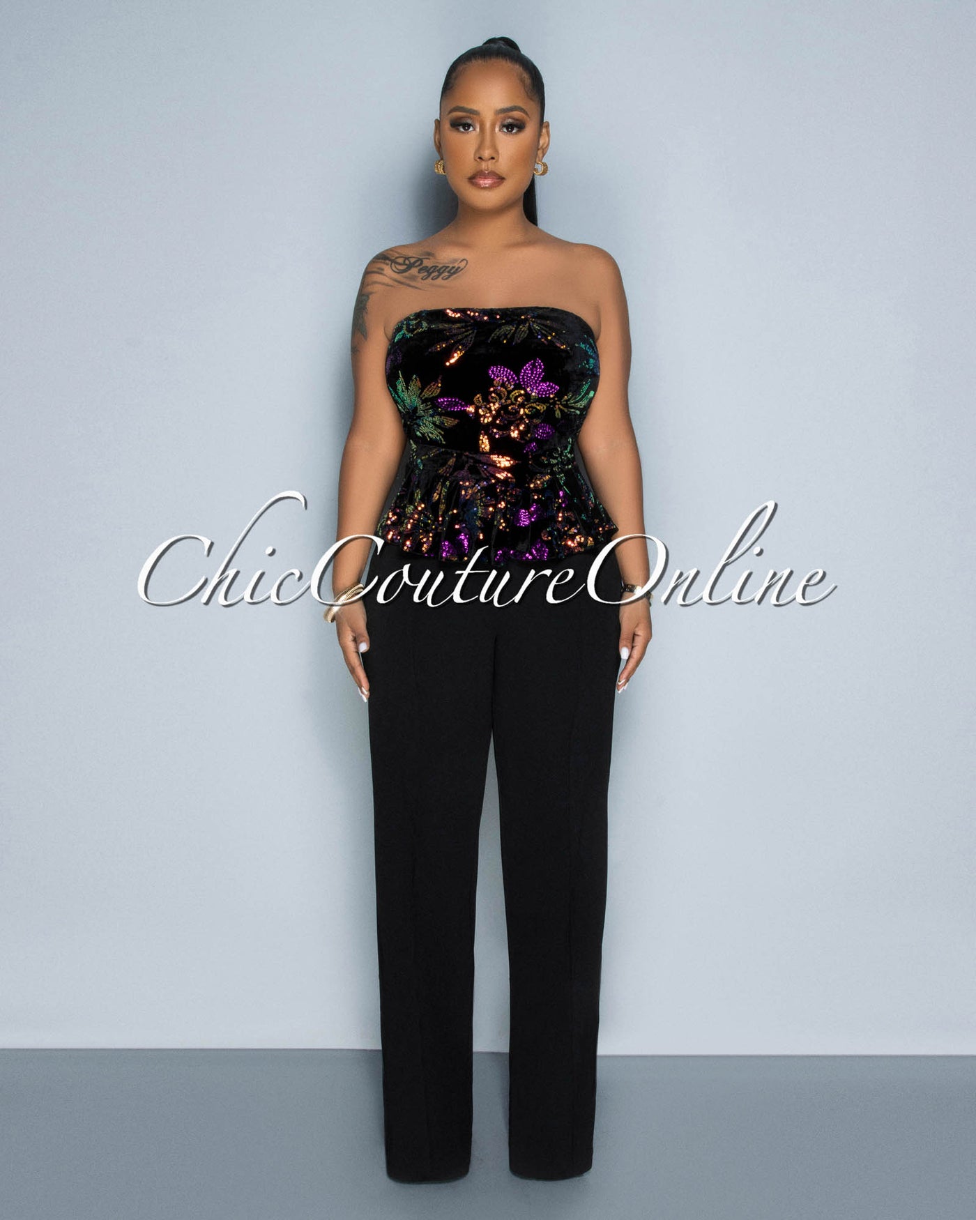 Liana Black Iridescent Sequins Velvet Top Peplum Jumpsuit