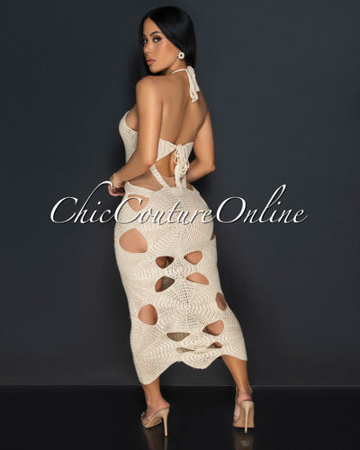 Isadore Beige Crochet Cut-Out Halter Midi Dress
