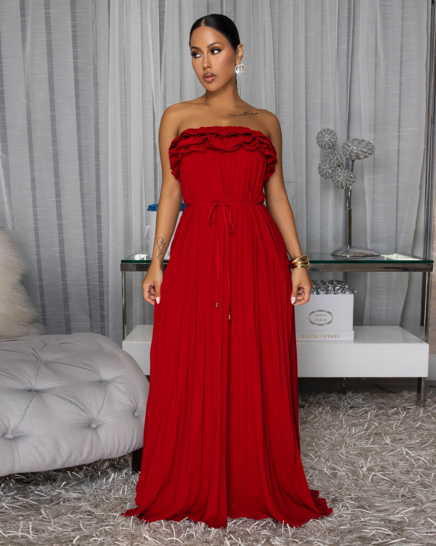 Sophonie Wine Red Pleated Strapless Maxi Dress