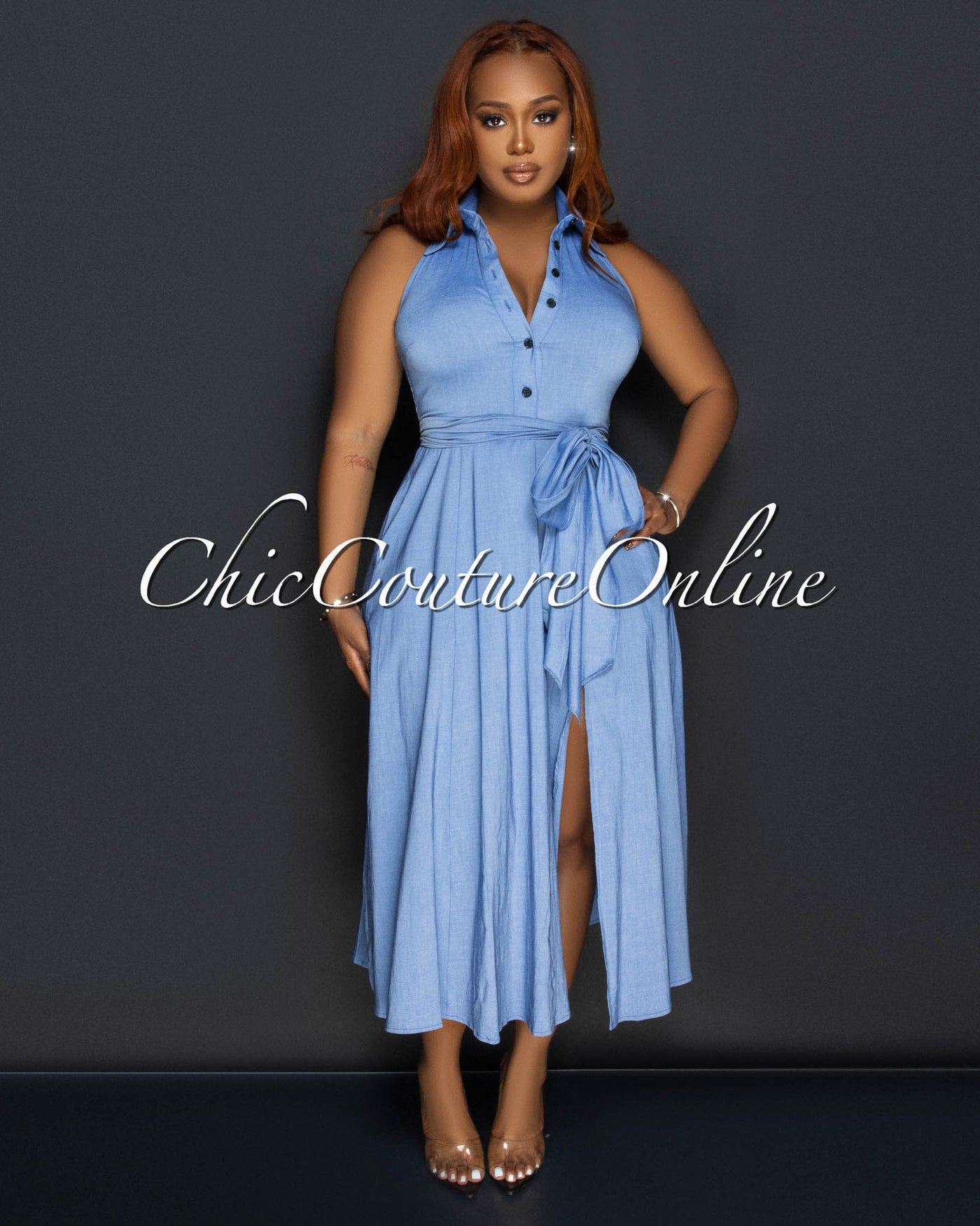 Louiza Blue Chambray Halter Midi Dress