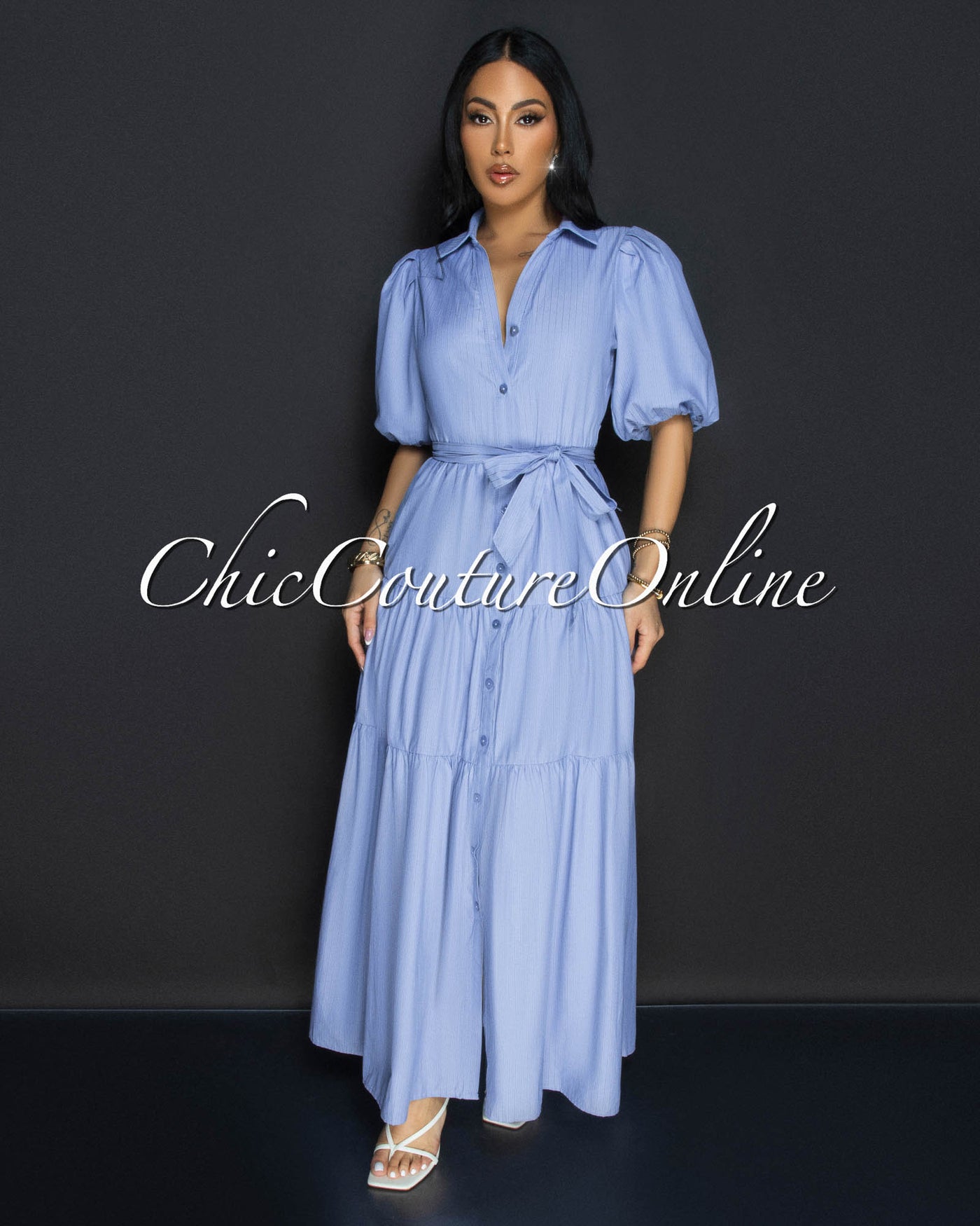 Locina Blue Stripes Ruffle Maxi Dress