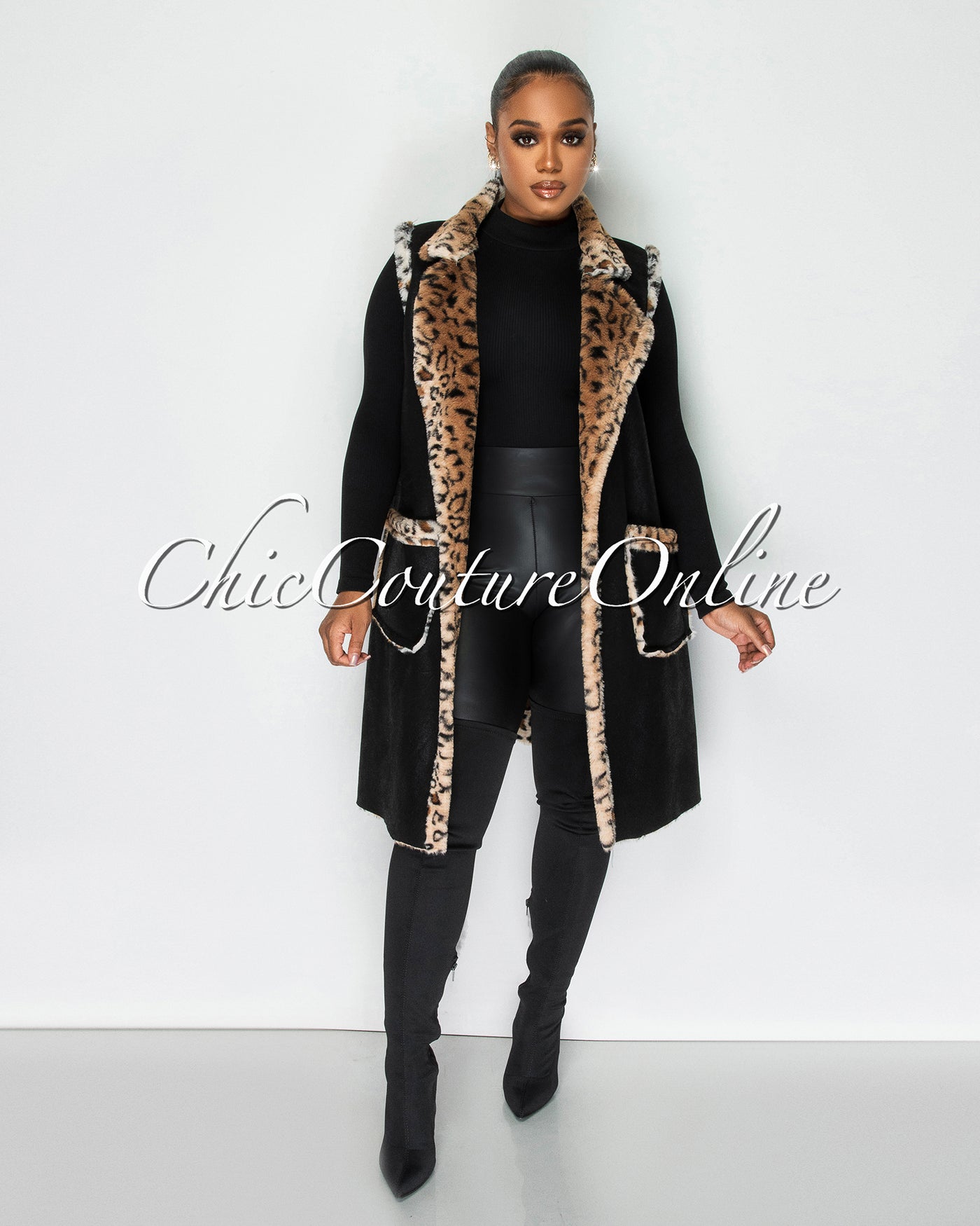 Natania Black Shimmer Leopard Faux Fur Lining Long Vest