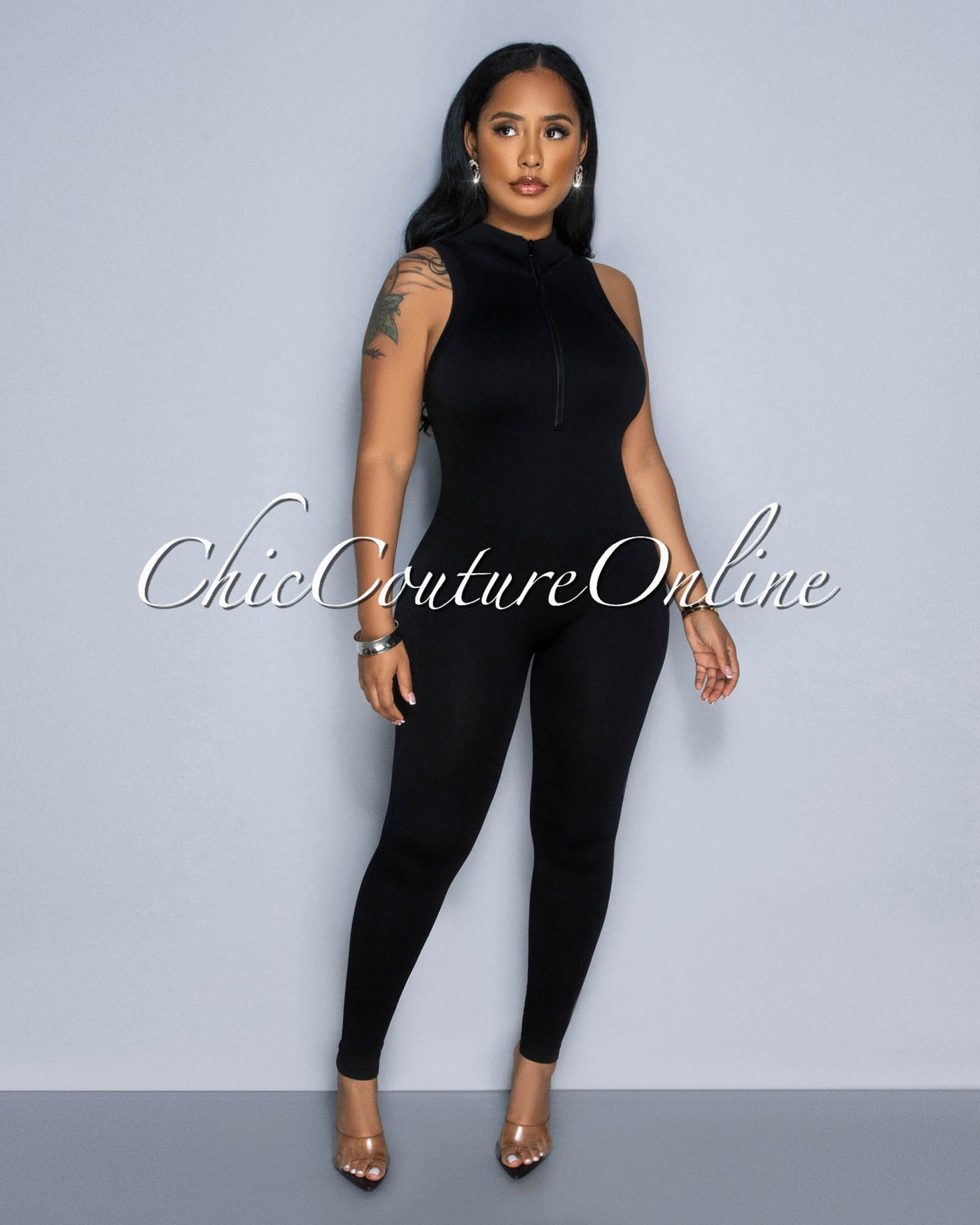 Lavia Black Front Zipper BodyCon Ribbed Jumpsuit