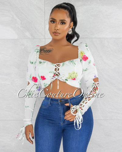 *Saul Off-White Floral Pring Lace-Up Long Sleeves Crop Top