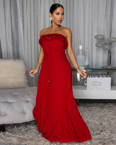 Sophonie Wine Red Pleated Strapless Maxi Dress
