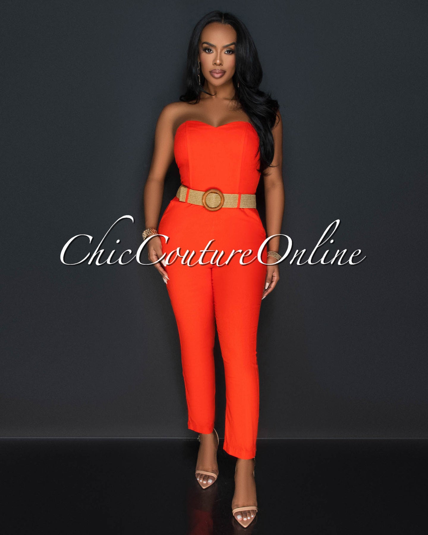 Kristi Orange Strapless Woven Belt Slim Legs Jumpsuit