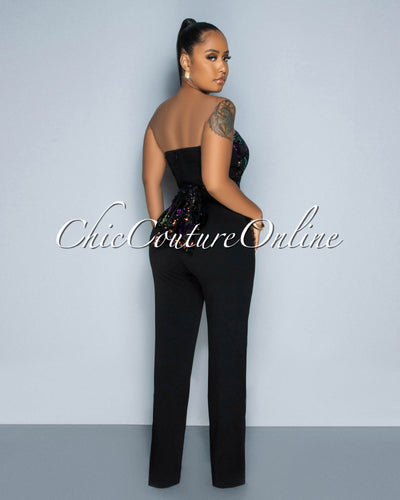 Liana Black Iridescent Sequins Velvet Top Peplum Jumpsuit